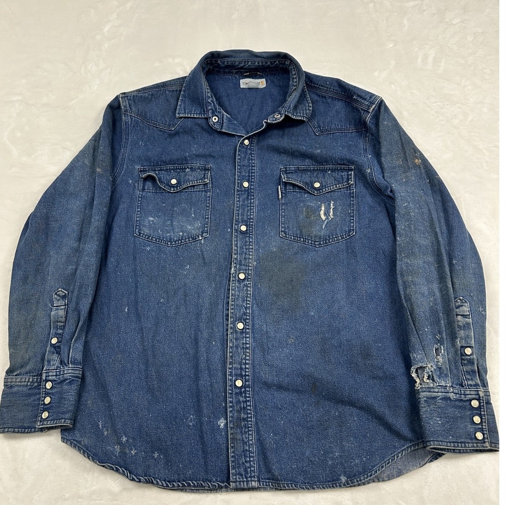 Carhartt Denim Shirt Mens XL Blue Relaxed Fit Distressed Snap Front Workwear